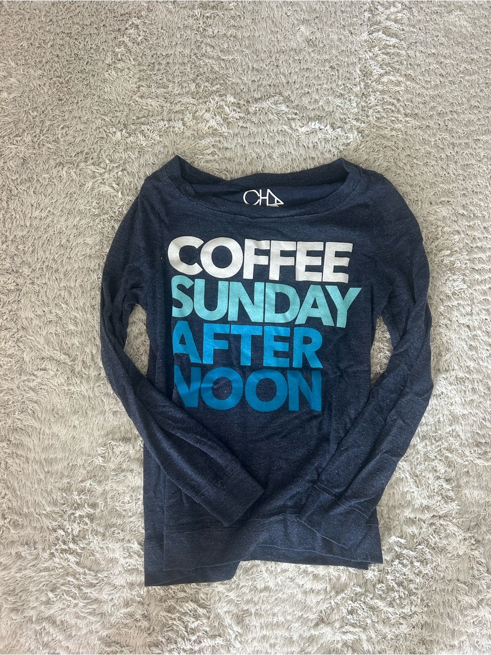 Chaser Navy Graphic 'Coffee Sunday Afternoon' Scoop Neck Sweater size small